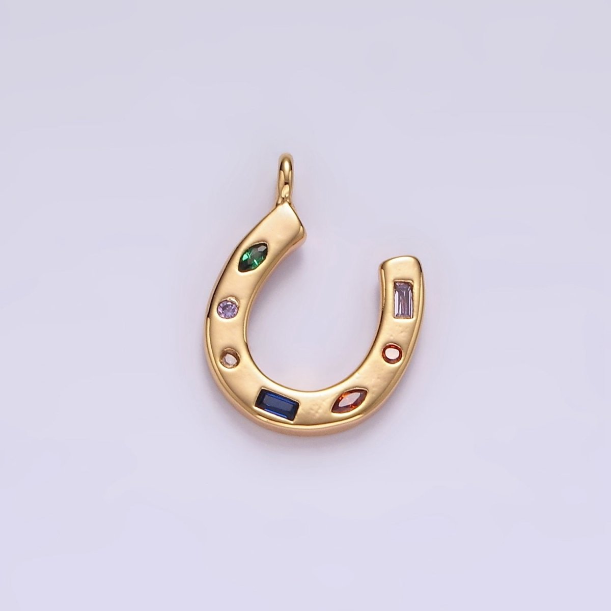 14K Gold Filled CZ Multicolor Dotted Lucky Horseshoe Charm | AC-819