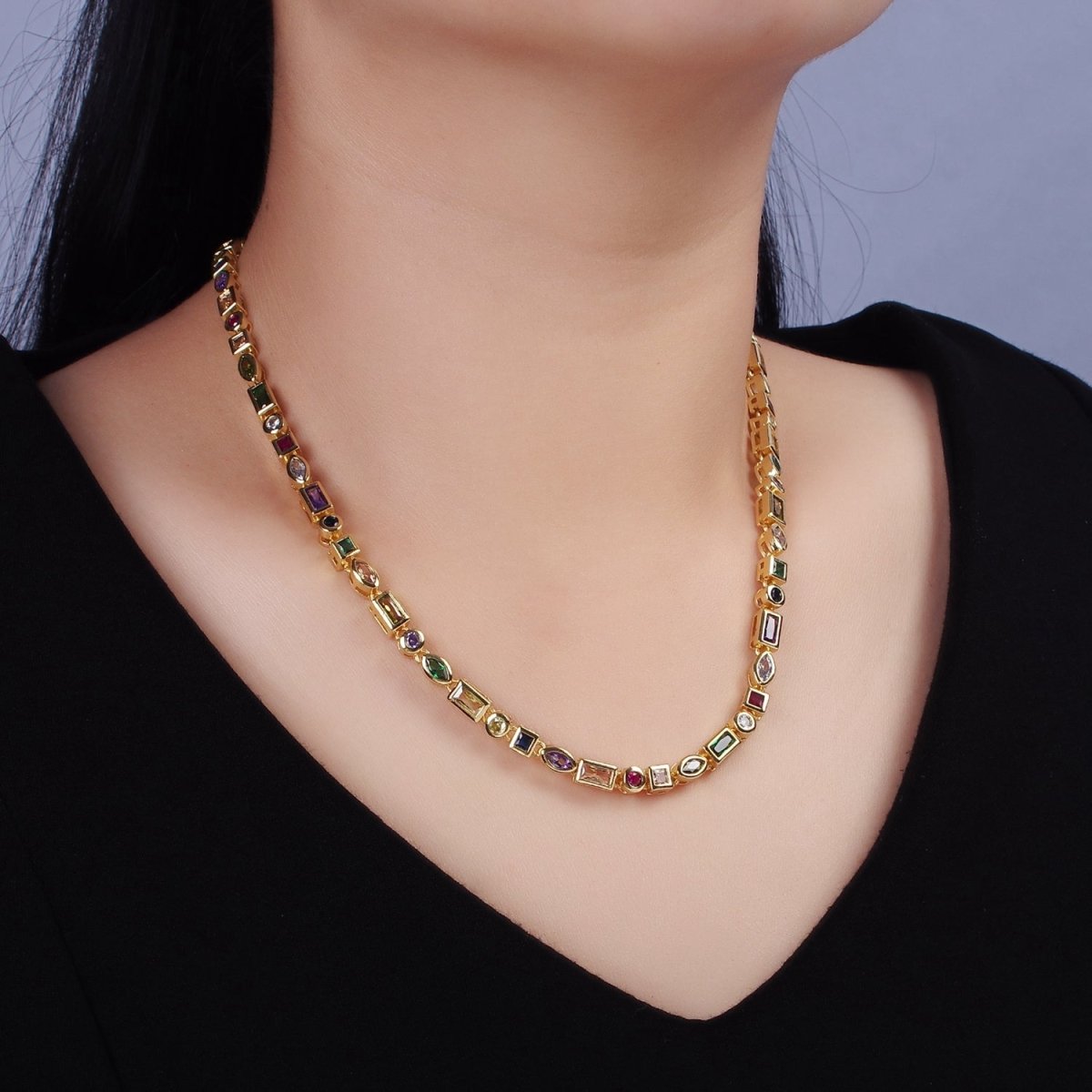 14K Gold Filled CZ Multicolor Geometric 16 Inch Choker Designed Necklace in Gold & Silver | WA-2250 WA-2251 Clearance Pricing