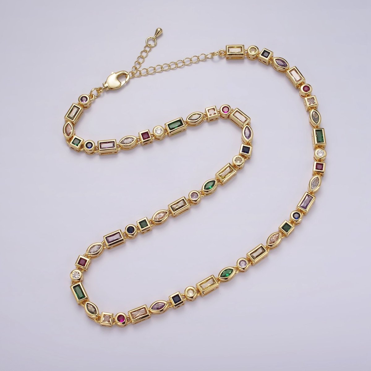 14K Gold Filled CZ Multicolor Geometric 16 Inch Choker Designed Necklace in Gold & Silver | WA-2250 WA-2251 Clearance Pricing