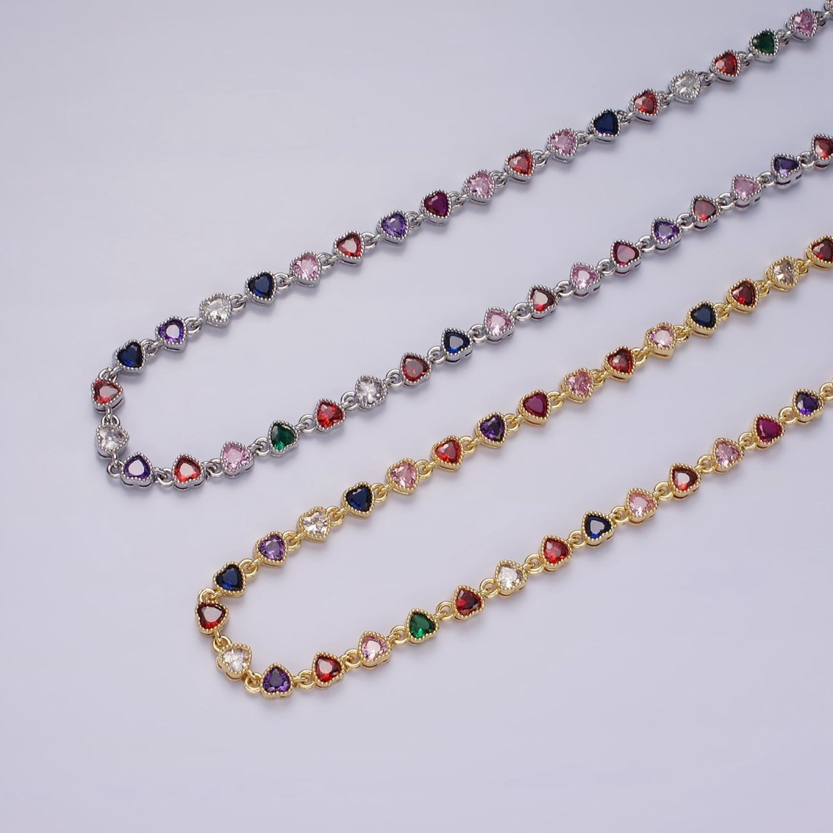 14K Gold Filled CZ Multicolor Heart Bezel 15 Inch Necklace in Gold & Silver | WA-2244 WA-2245 Clearance Pricing