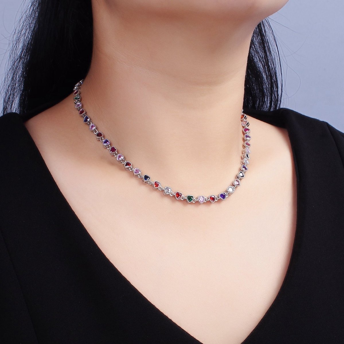 14K Gold Filled CZ Multicolor Heart Bezel 15 Inch Necklace in Gold & Silver | WA-2244 WA-2245 Clearance Pricing