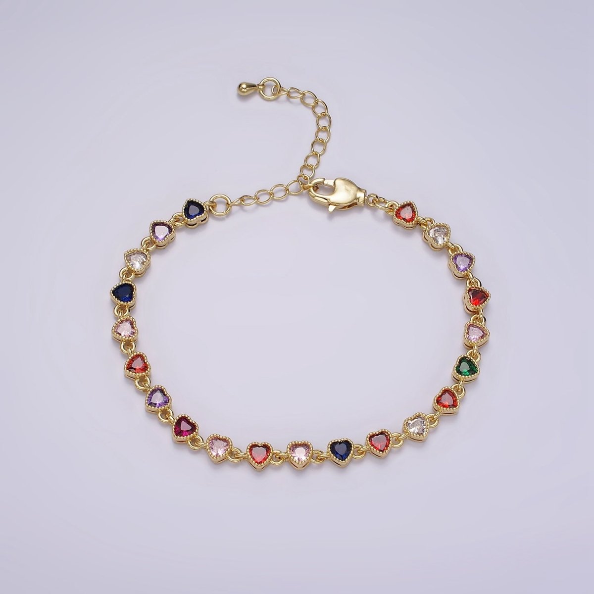 14K Gold Filled CZ Multicolor Heart Bezel 7 Inch Bracelet in Gold & Silver | WA-2230 WA-2231 Clearance Pricing