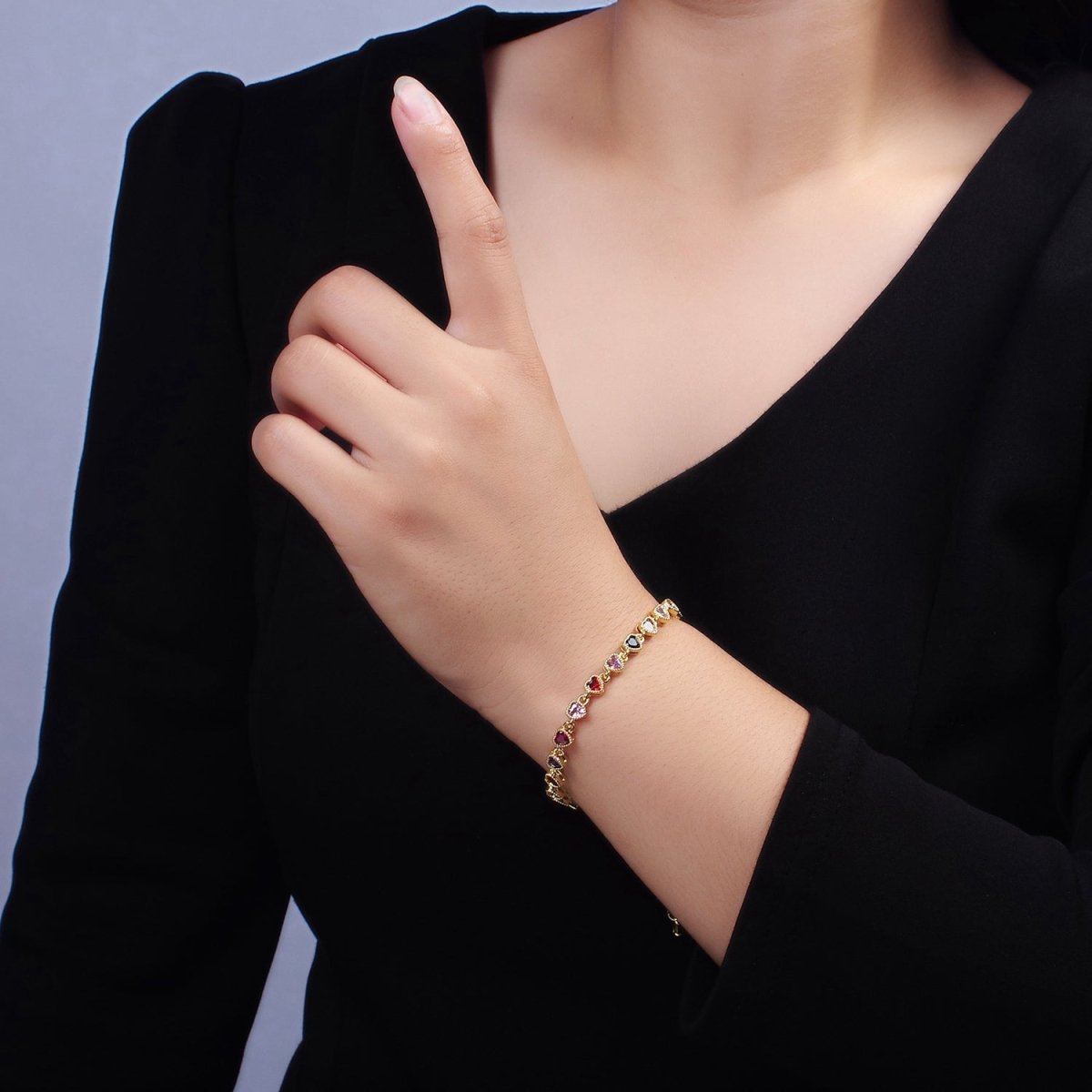 14K Gold Filled CZ Multicolor Heart Bezel 7 Inch Bracelet in Gold & Silver | WA-2230 WA-2231 Clearance Pricing