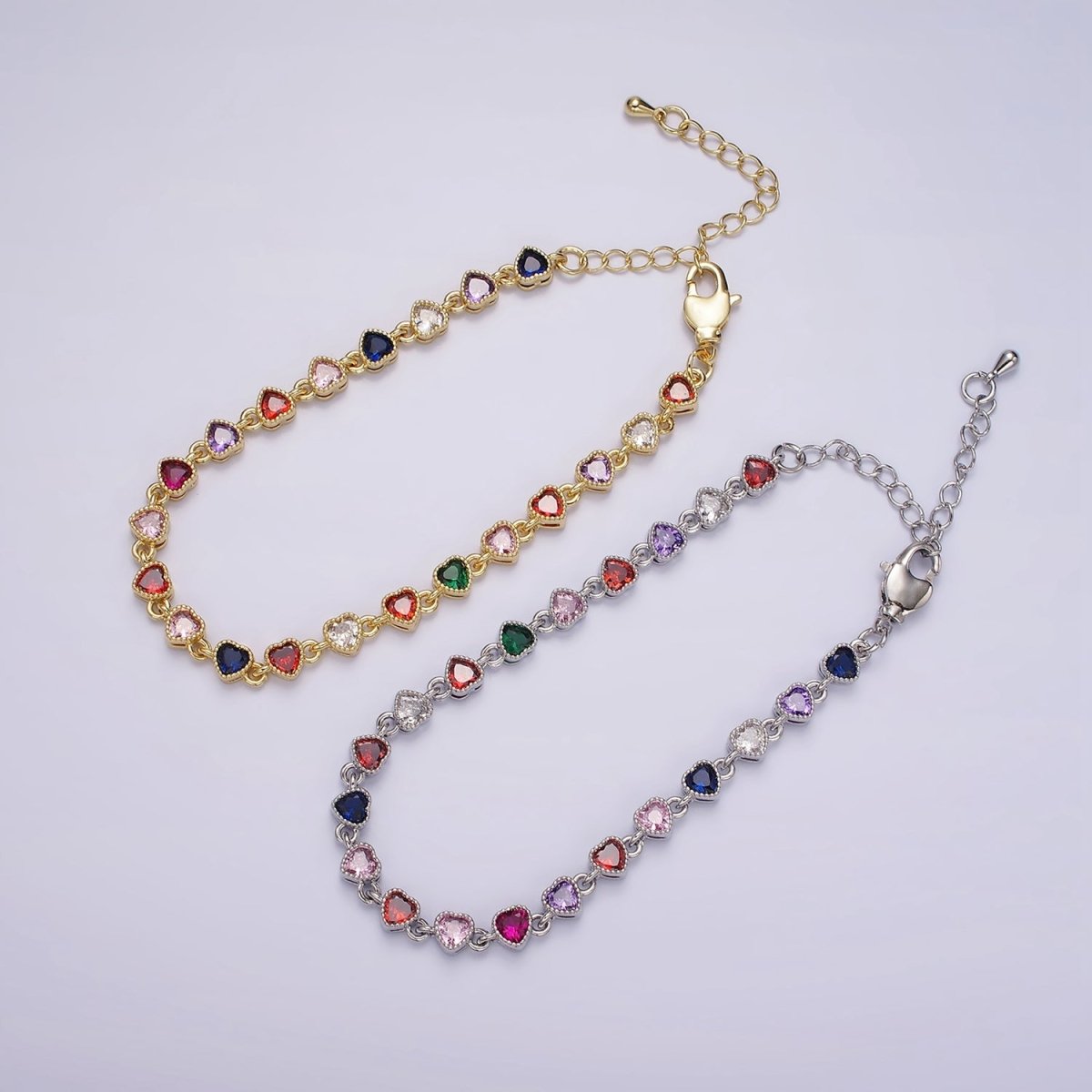 14K Gold Filled CZ Multicolor Heart Bezel 7 Inch Bracelet in Gold & Silver | WA-2230 WA-2231 Clearance Pricing