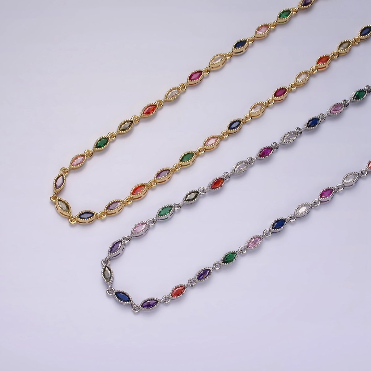 14K Gold Filled CZ Multicolor Marquise Bezel 16 Inch Necklace in Gold & Silver | WA-2240 WA-2241 Clearance Pricing
