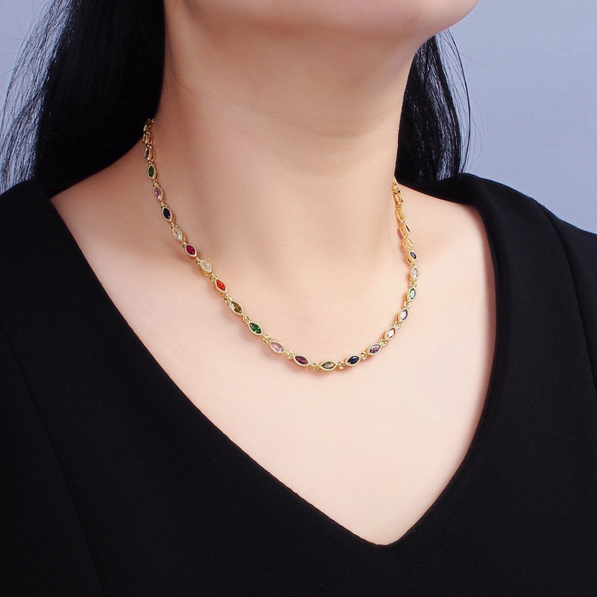 14K Gold Filled CZ Multicolor Marquise Bezel 16 Inch Necklace in Gold & Silver | WA-2240 WA-2241 Clearance Pricing