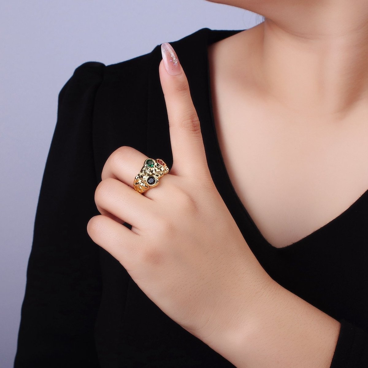 14K Gold Filled CZ Multicolor Molten Hammered Ring in Gold & Silver | O1333 O1334