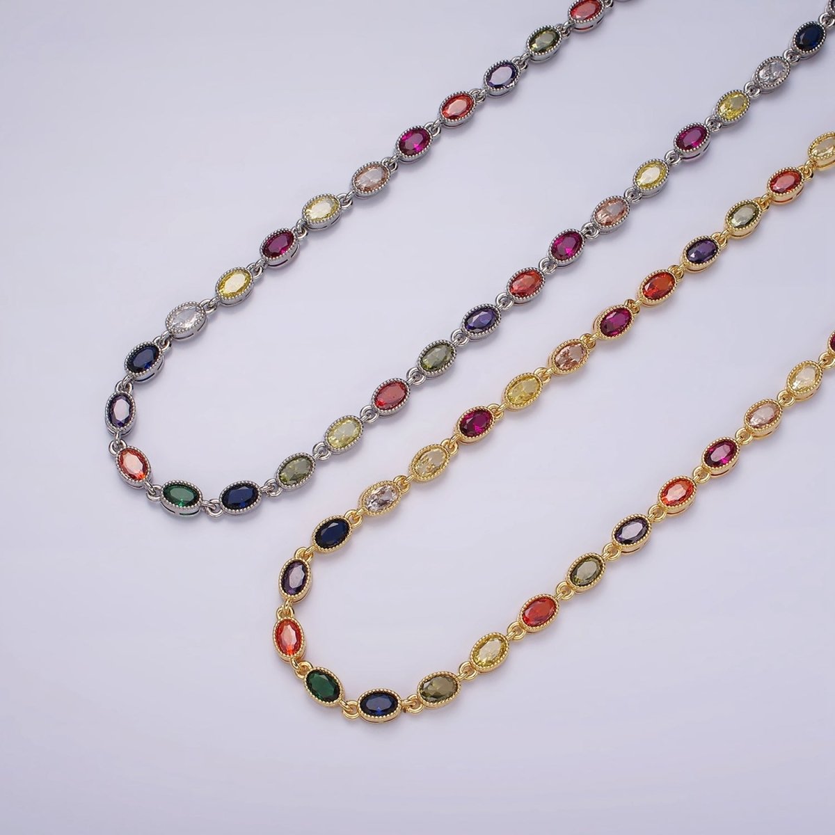 14K Gold Filled CZ Multicolor Oval  Bezel 16 Inch Necklace in Gold & Silver | WA-2246 WA-2247