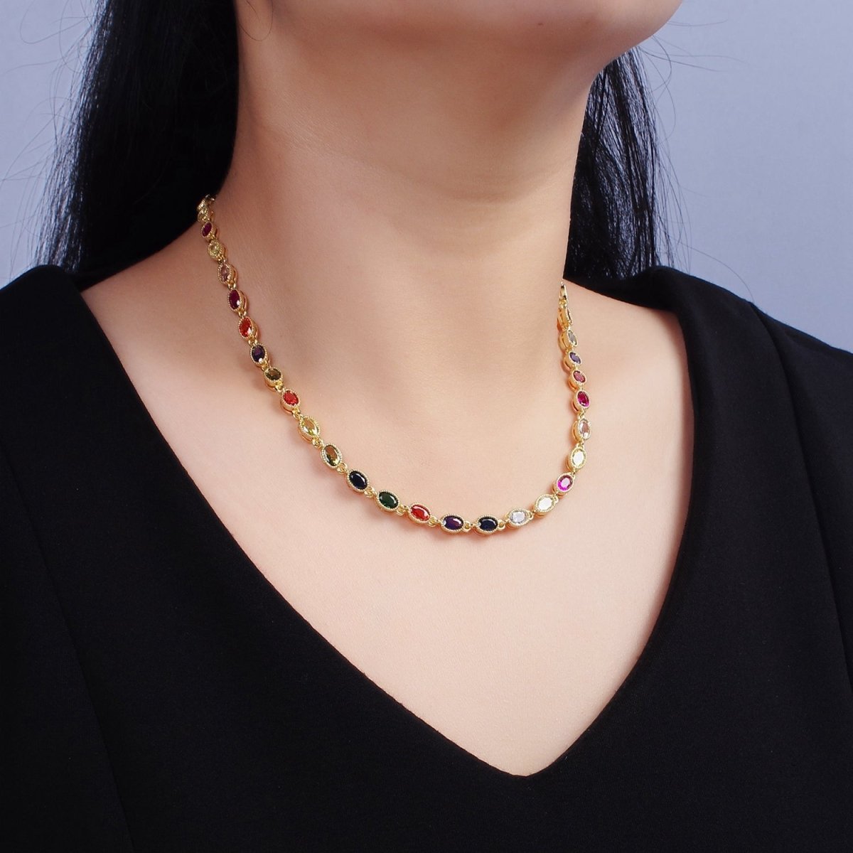 14K Gold Filled CZ Multicolor Oval  Bezel 16 Inch Necklace in Gold & Silver | WA-2246 WA-2247