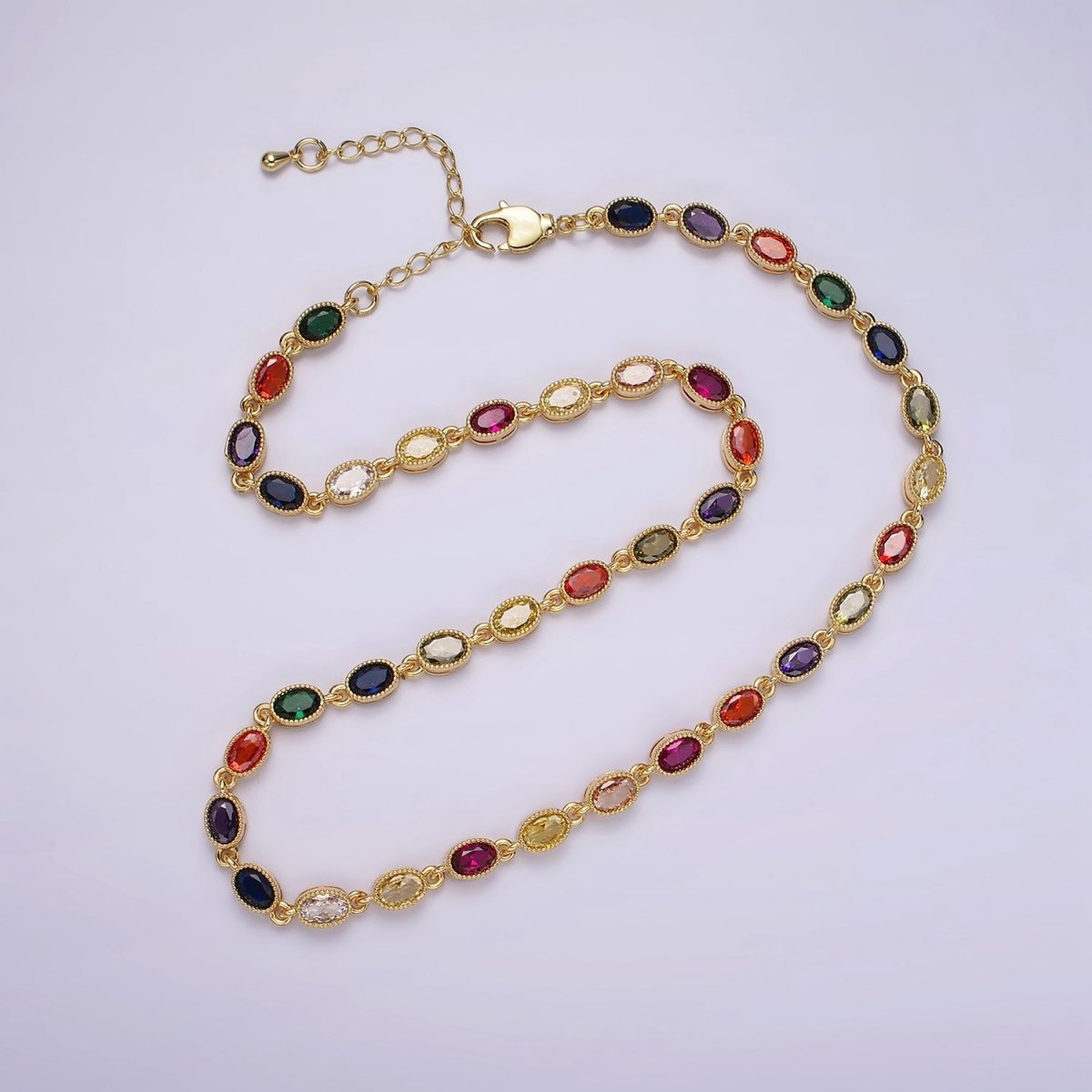 14K Gold Filled CZ Multicolor Oval  Bezel 16 Inch Necklace in Gold & Silver | WA-2246 WA-2247