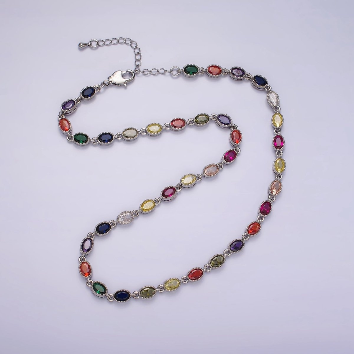 14K Gold Filled CZ Multicolor Oval  Bezel 16 Inch Necklace in Gold & Silver | WA-2246 WA-2247