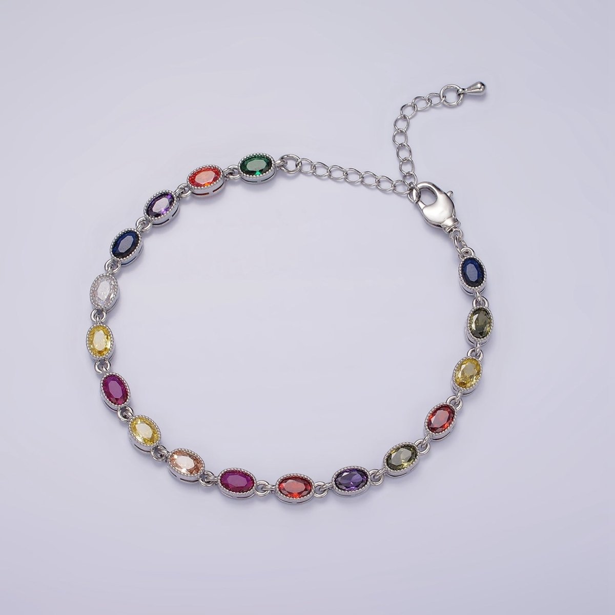 14K Gold Filled CZ Multicolor Oval Bezel 7 Inch Bracelet in Gold & Silver | WA-2234 WA-2235