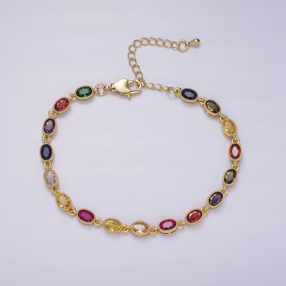14K Gold Filled CZ Multicolor Oval Bezel 7 Inch Bracelet in Gold & Silver | WA-2234 WA-2235