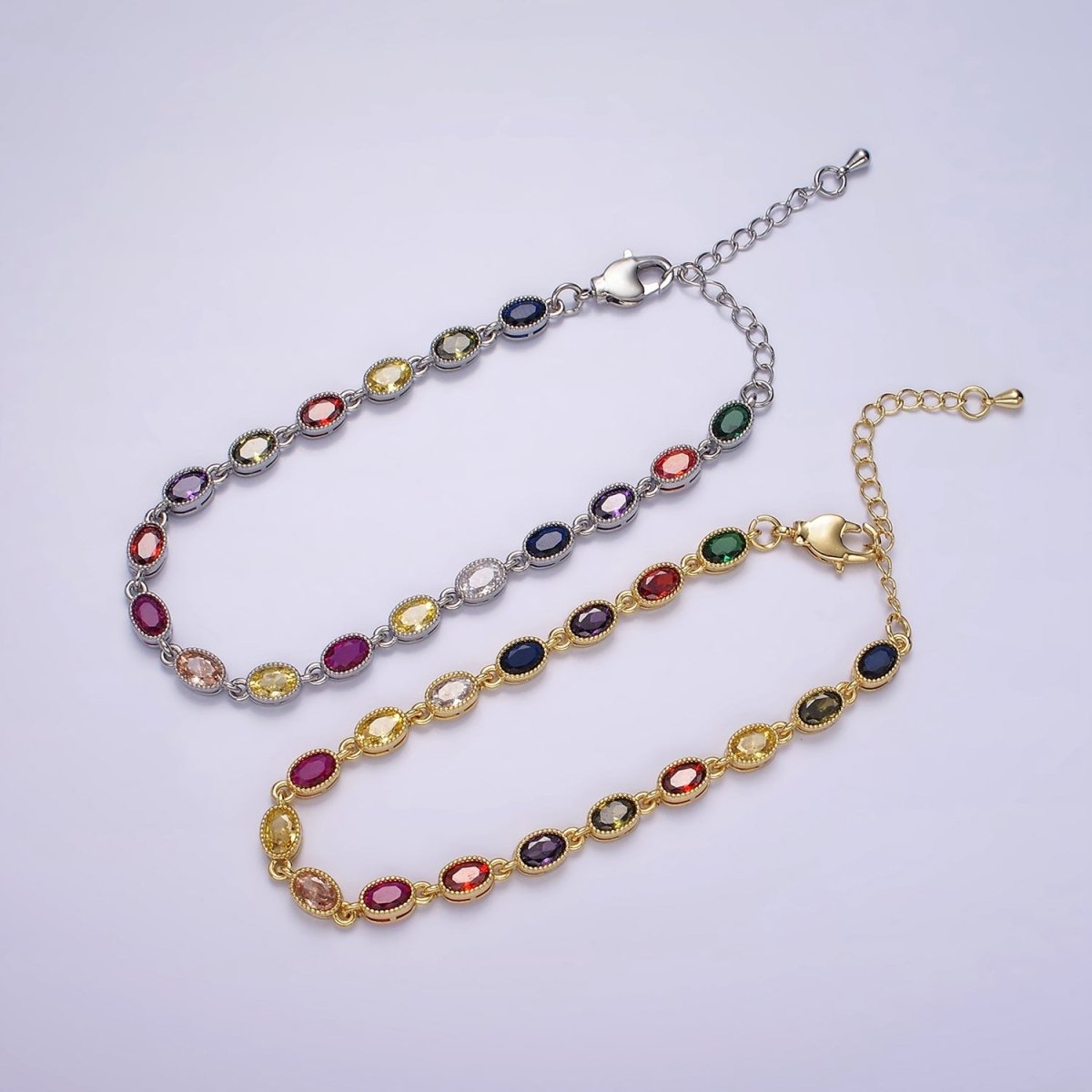 14K Gold Filled CZ Multicolor Oval Bezel 7 Inch Bracelet in Gold & Silver | WA-2234 WA-2235