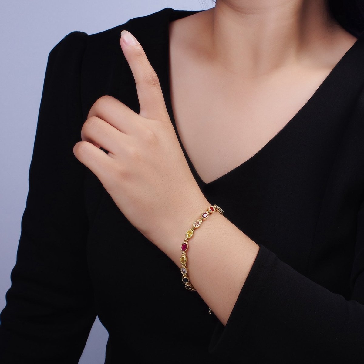 14K Gold Filled CZ Multicolor Oval Bezel 7 Inch Bracelet in Gold & Silver | WA-2234 WA-2235