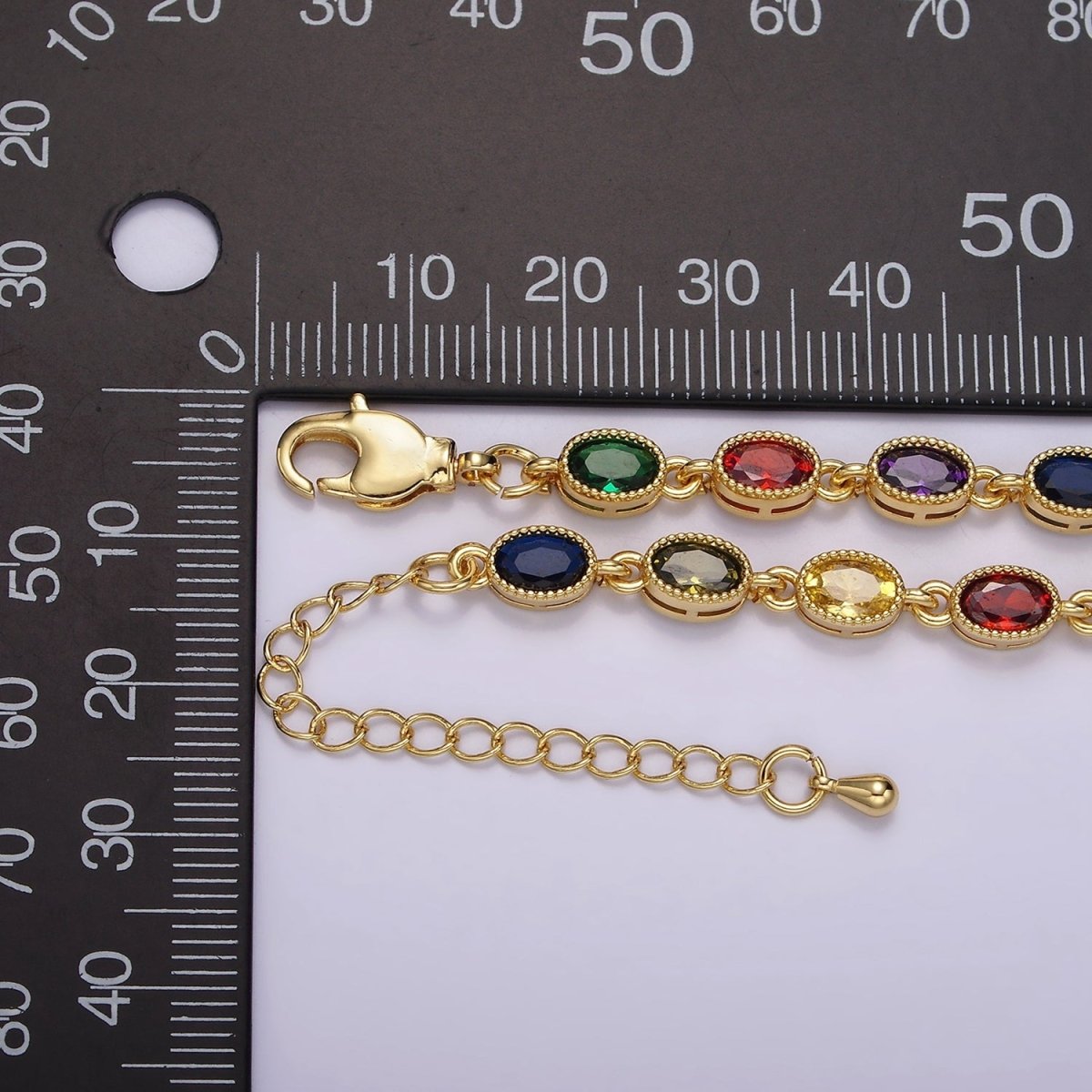 14K Gold Filled CZ Multicolor Oval Bezel 7 Inch Bracelet in Gold & Silver | WA-2234 WA-2235