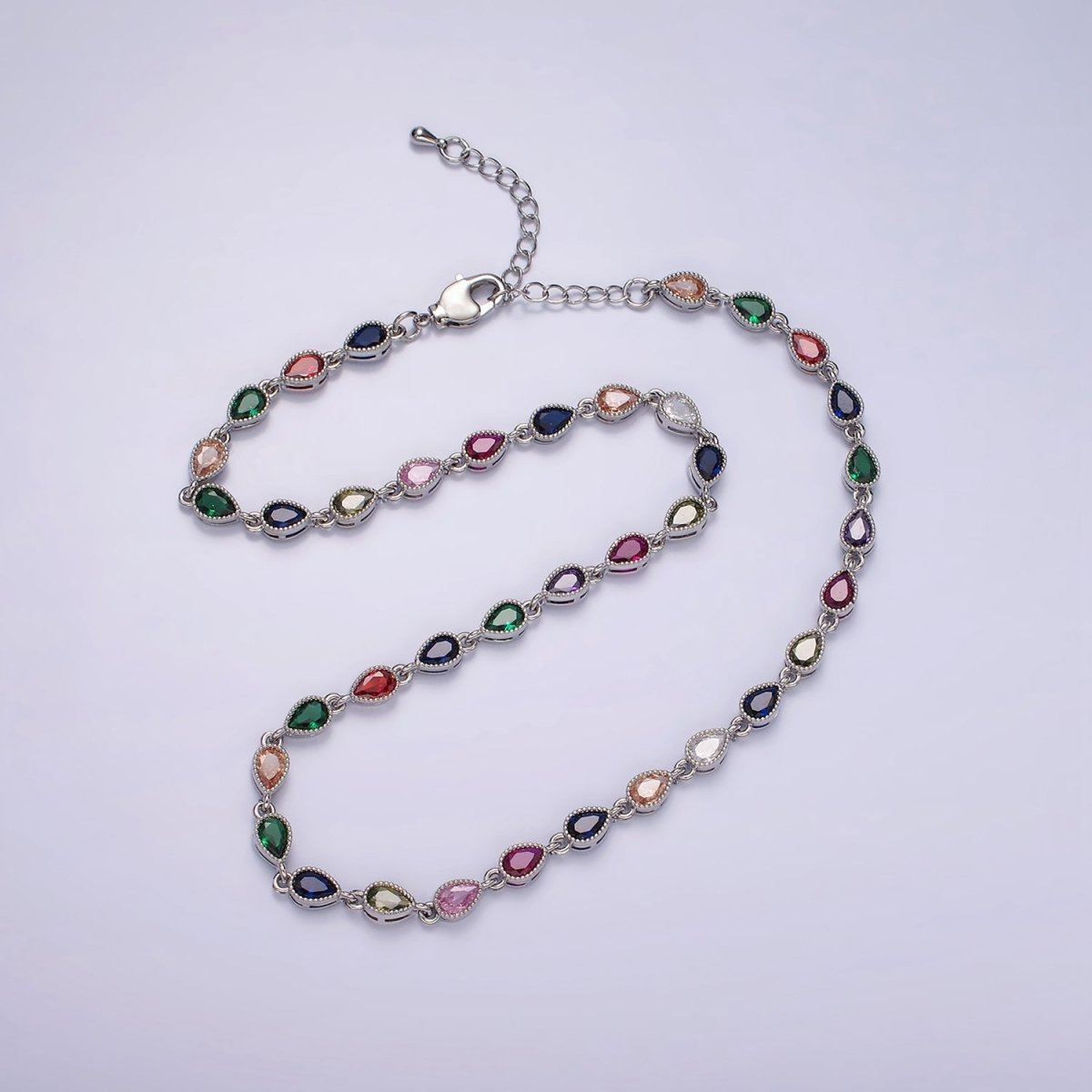 14K Gold Filled CZ Multicolor Teardrop Bezel 15 Inch Necklace in Gold & Silver | WA-2242 WA-2243 Clearance Pricing