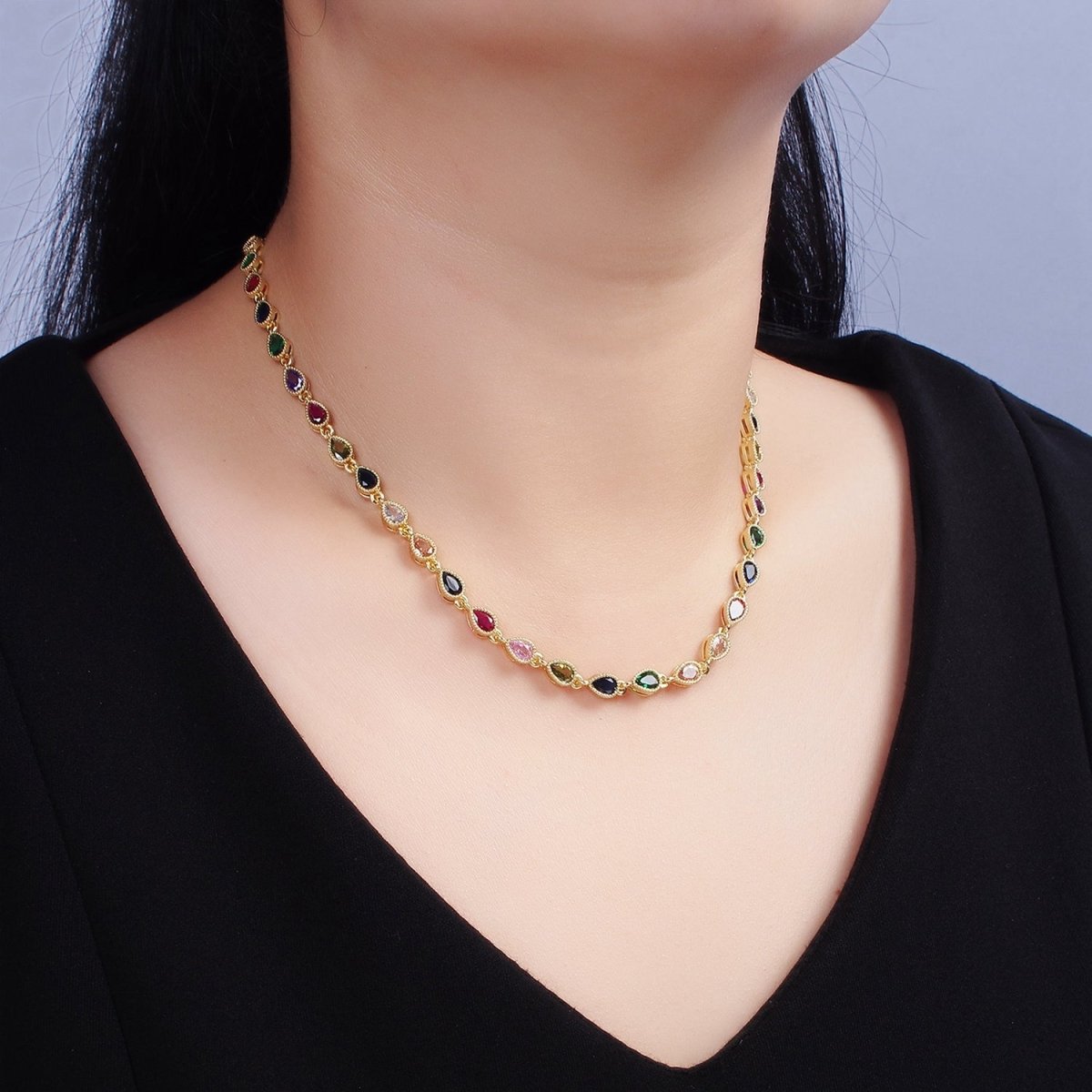 14K Gold Filled CZ Multicolor Teardrop Bezel 15 Inch Necklace in Gold & Silver | WA-2242 WA-2243 Clearance Pricing