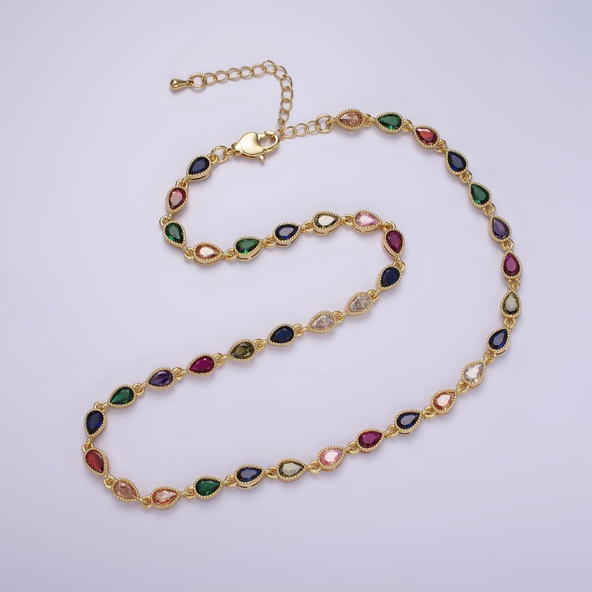 14K Gold Filled CZ Multicolor Teardrop Bezel 15 Inch Necklace in Gold & Silver | WA-2242 WA-2243 Clearance Pricing