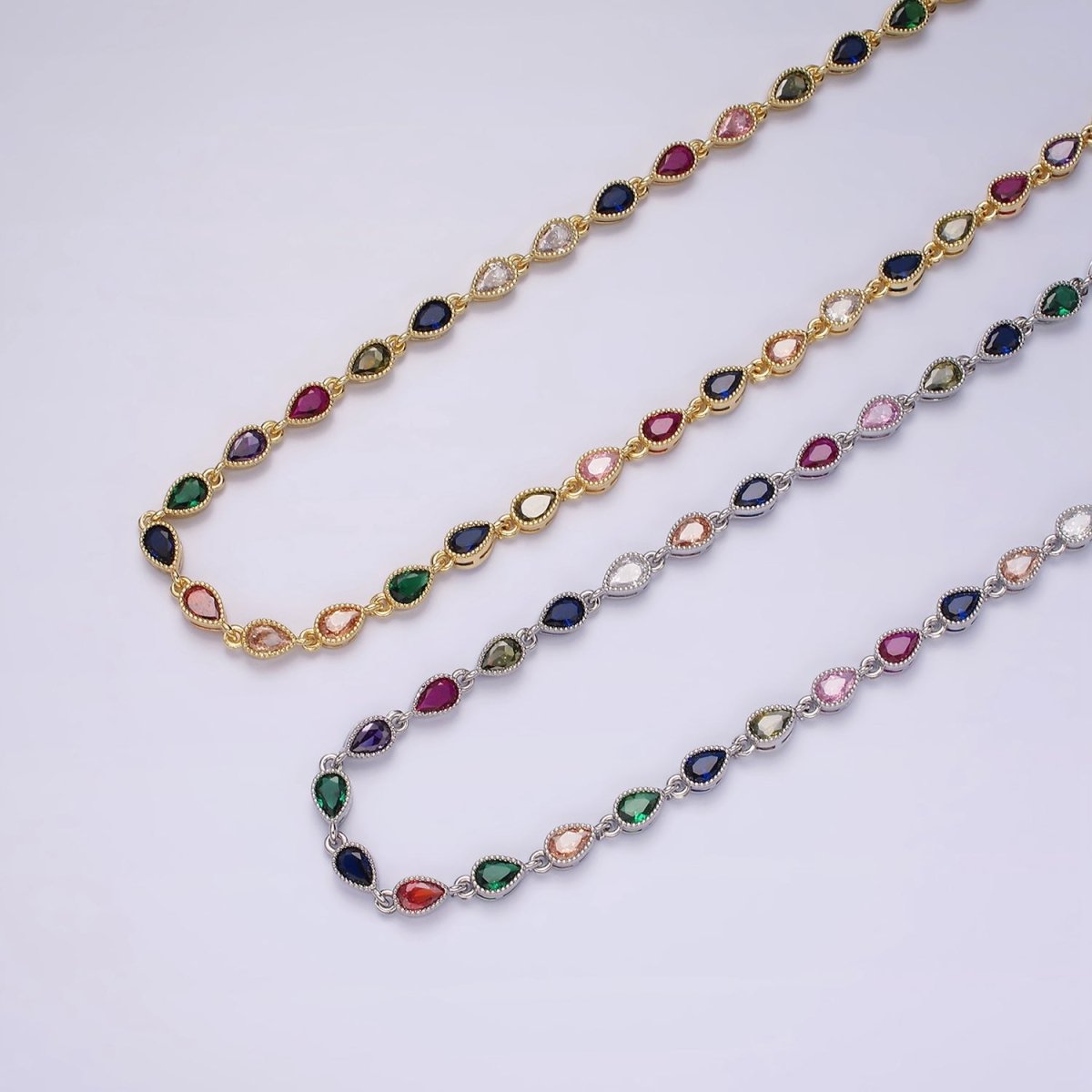 14K Gold Filled CZ Multicolor Teardrop Bezel 15 Inch Necklace in Gold & Silver | WA-2242 WA-2243 Clearance Pricing