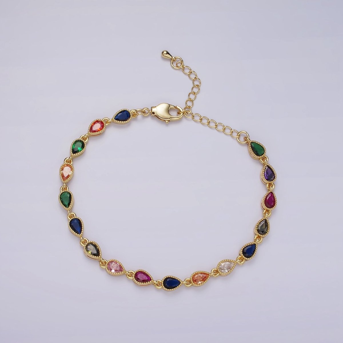 14K Gold Filled CZ Multicolor Teardrop Bezel 7 Inch Bracelet in Gold & Silver | WA-2236 WA-2237 Clearance Pricing