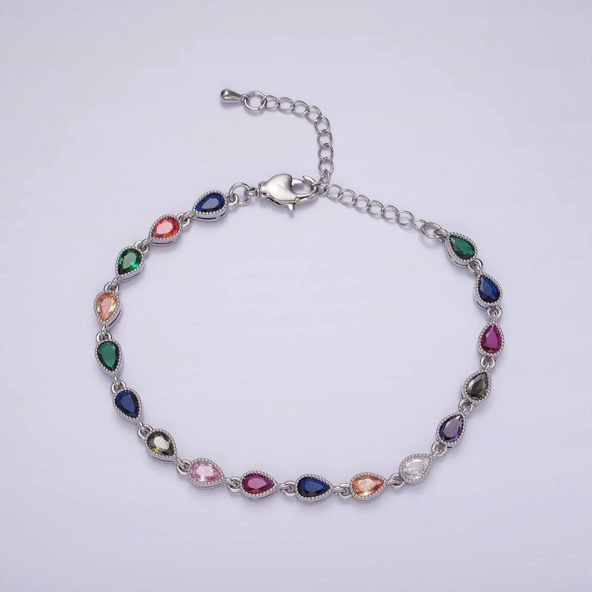 14K Gold Filled CZ Multicolor Teardrop Bezel 7 Inch Bracelet in Gold & Silver | WA-2236 WA-2237 Clearance Pricing