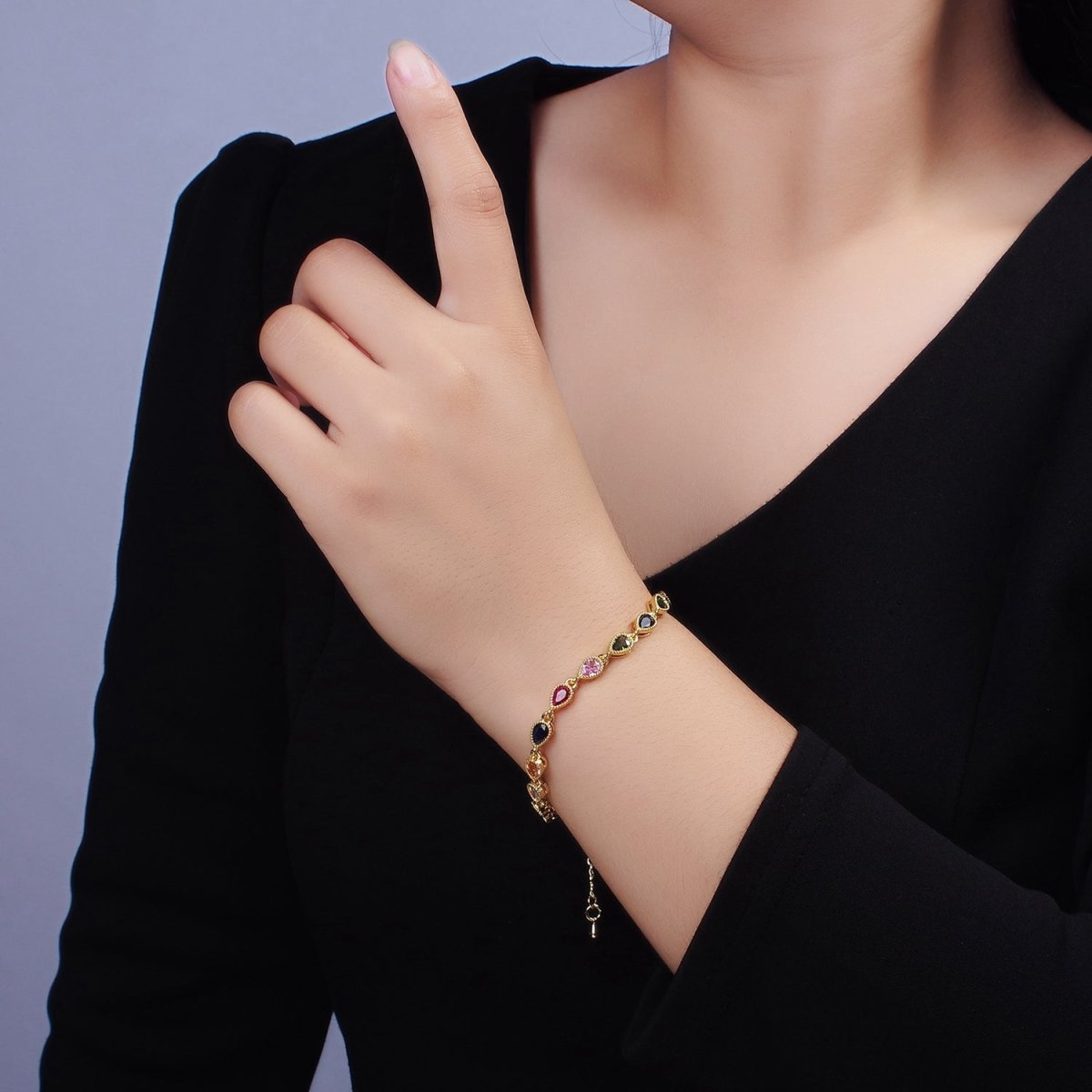 14K Gold Filled CZ Multicolor Teardrop Bezel 7 Inch Bracelet in Gold & Silver | WA-2236 WA-2237 Clearance Pricing