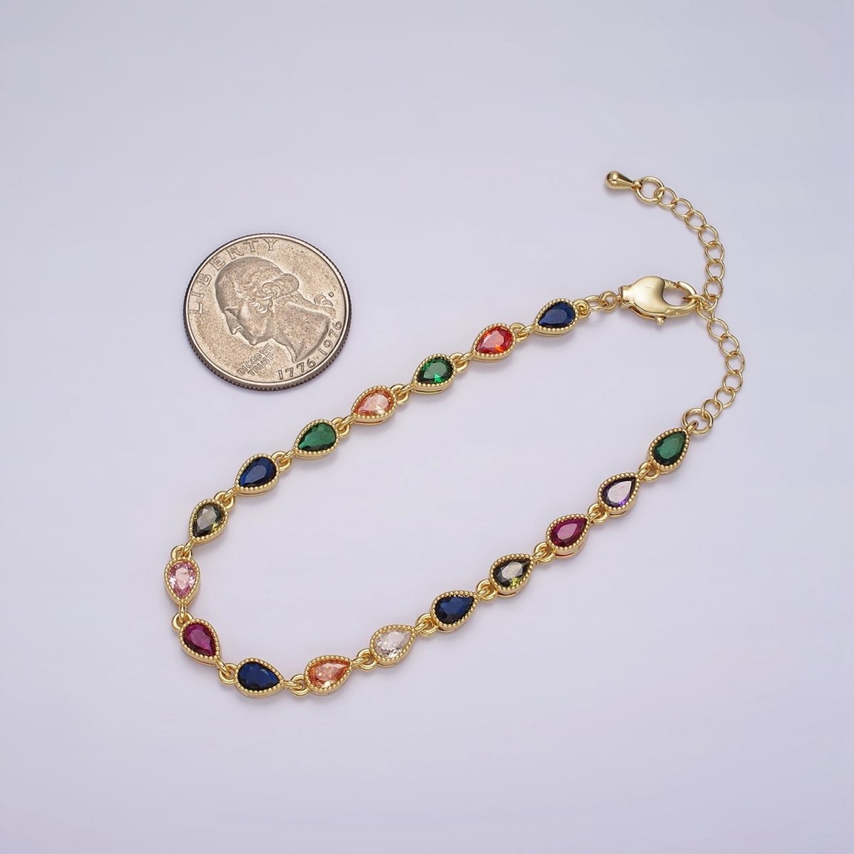 14K Gold Filled CZ Multicolor Teardrop Bezel 7 Inch Bracelet in Gold & Silver | WA-2236 WA-2237 Clearance Pricing