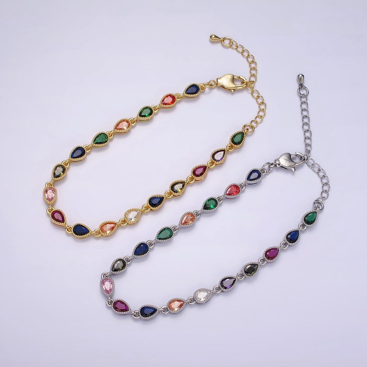 14K Gold Filled CZ Multicolor Teardrop Bezel 7 Inch Bracelet in Gold & Silver | WA-2236 WA-2237 Clearance Pricing