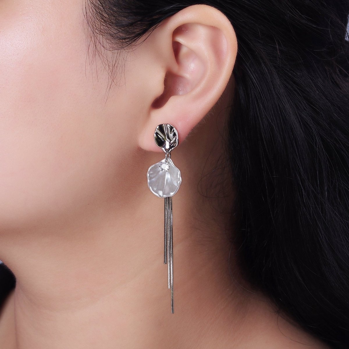 14K Gold Filled CZ Multiple Hammered Oval Shell Pearl Triple Chain Drop Stud Earrings Set in Gold & Silver | AE323 AE324