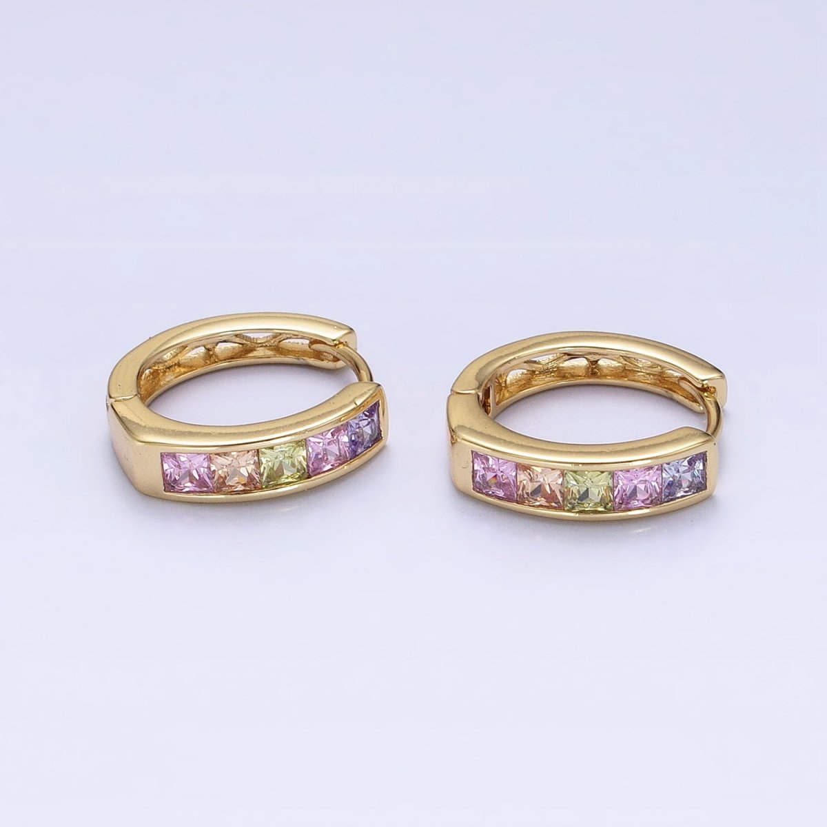 14K Gold Filled CZ Pastel Multicolor Square Checkered Oblong Huggie Earrings | AD1435