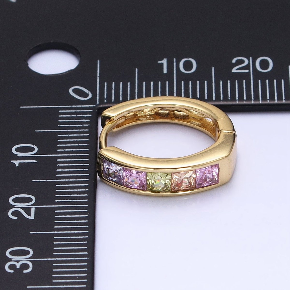 14K Gold Filled CZ Pastel Multicolor Square Checkered Oblong Huggie Earrings | AD1435