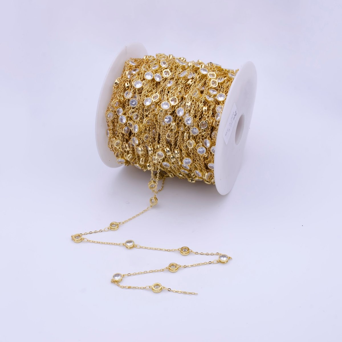 14k Gold Filled CZ Satellites Chain by Yard Wholesale Gold Station Chain CZ Bezel Cut Chain for Jewelry Making | ROLL-782