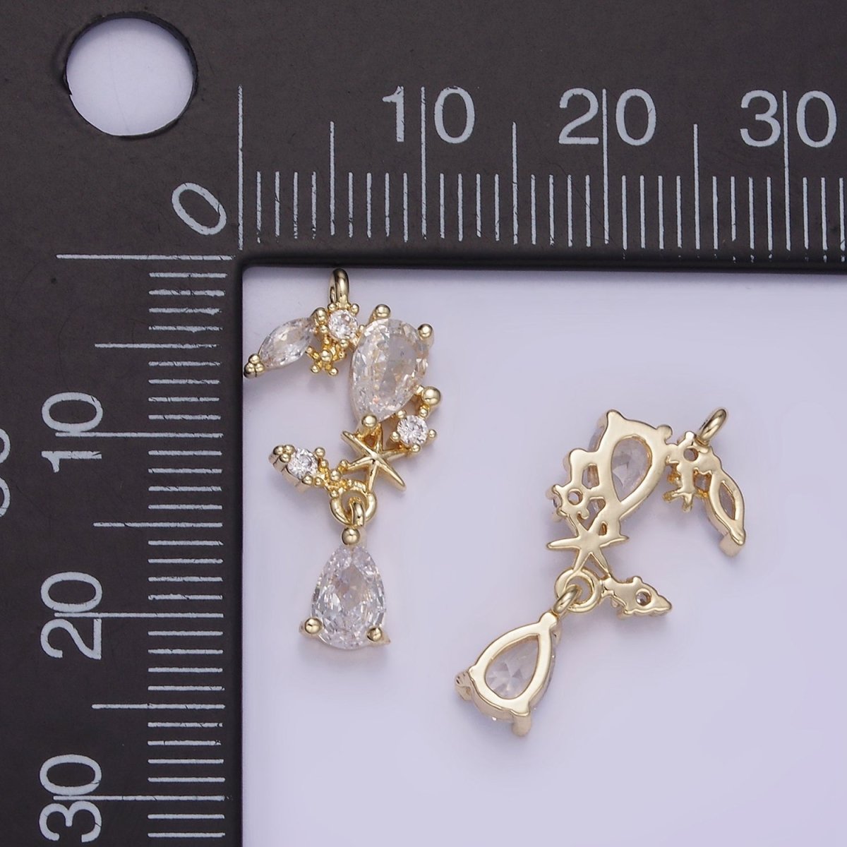 14K Gold Filled CZ Teardrop Celestial Crescent Moon Drop Charm | W529