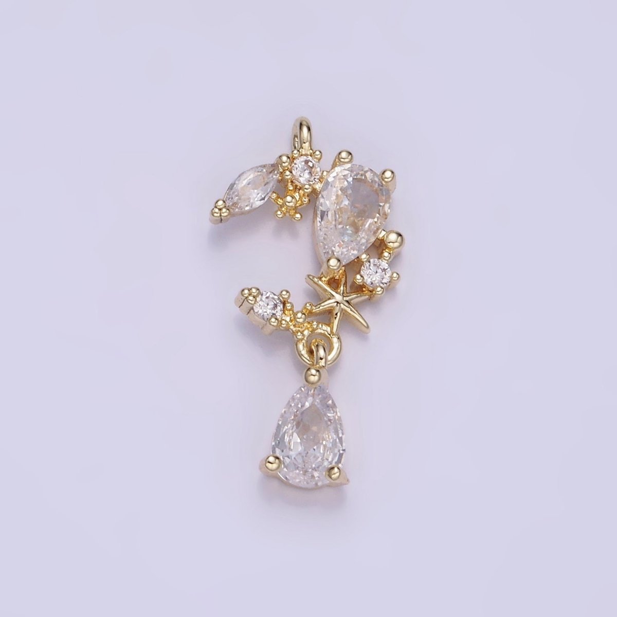 14K Gold Filled CZ Teardrop Celestial Crescent Moon Drop Charm | W529