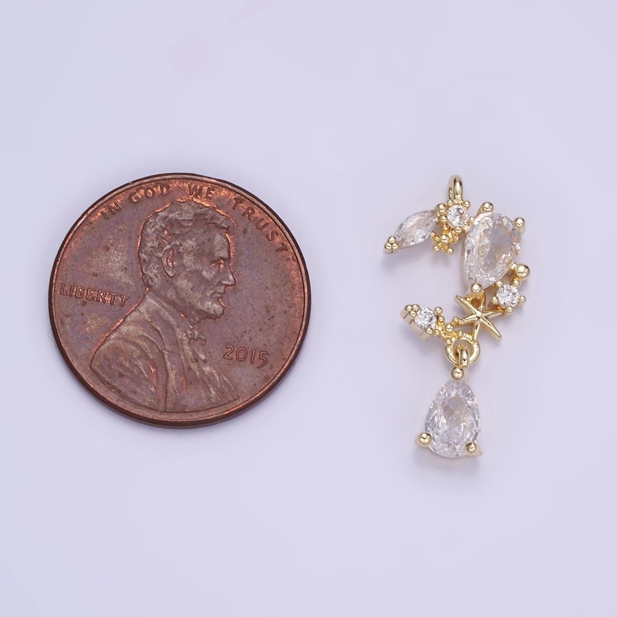 14K Gold Filled CZ Teardrop Celestial Crescent Moon Drop Charm | W529