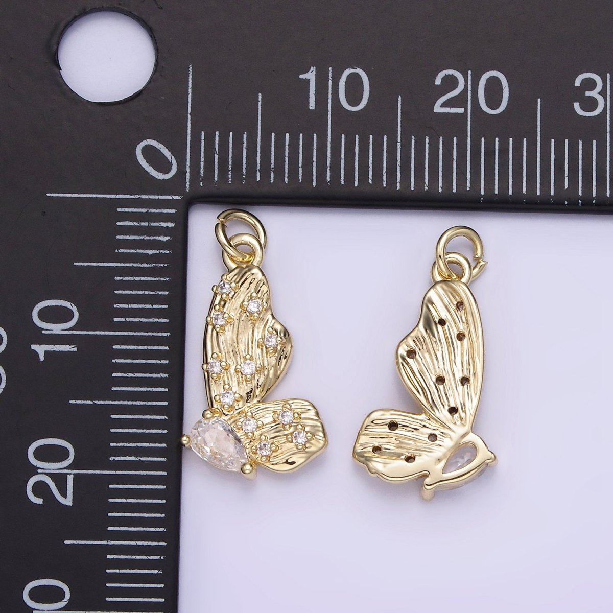 14K Gold Filled CZ Teardrop Dotted Butterfly Wings Lined Charm | AG719