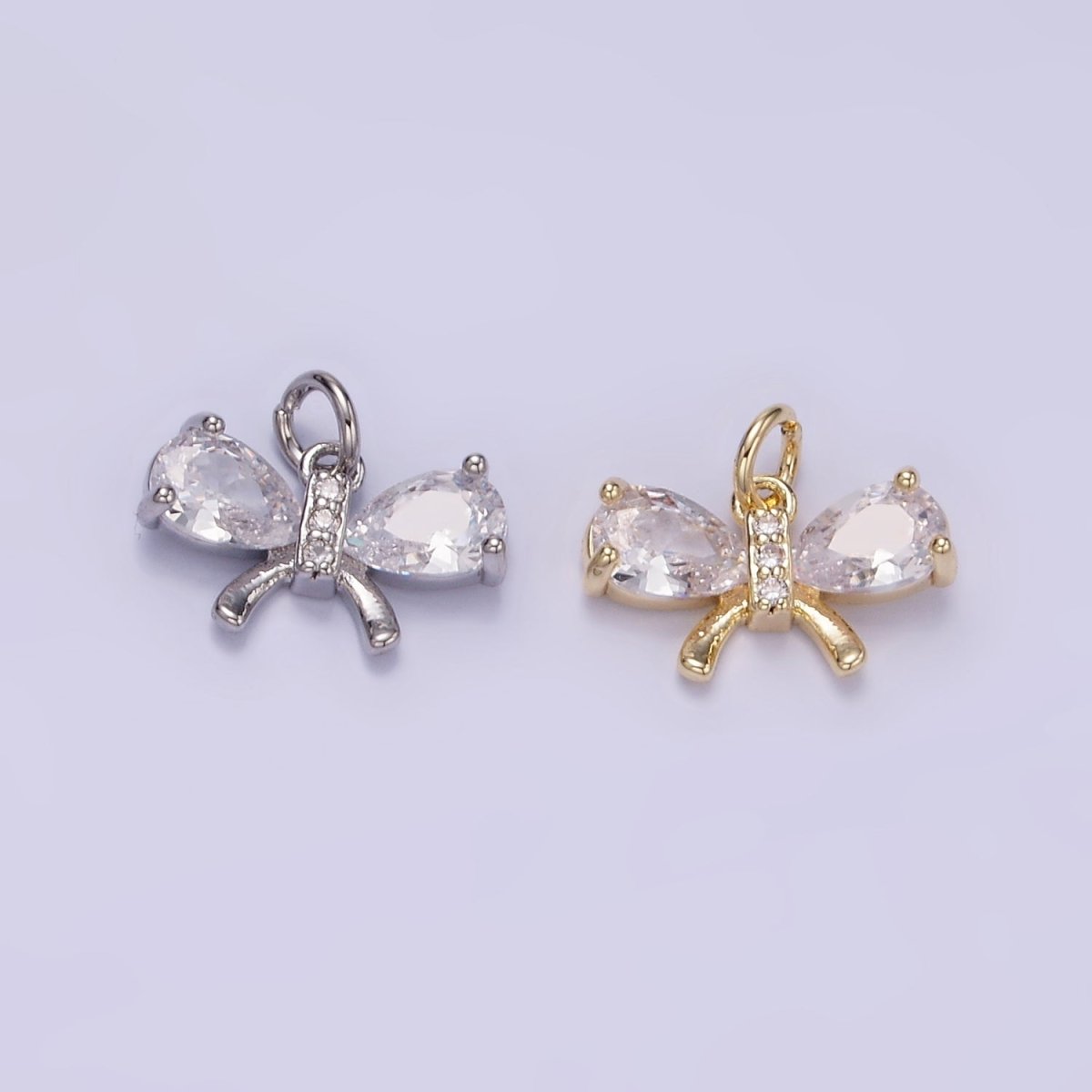14K Gold Filled CZ Teardrop Micro Paved Ribbon Bow Charm in Gold & Silver | W545