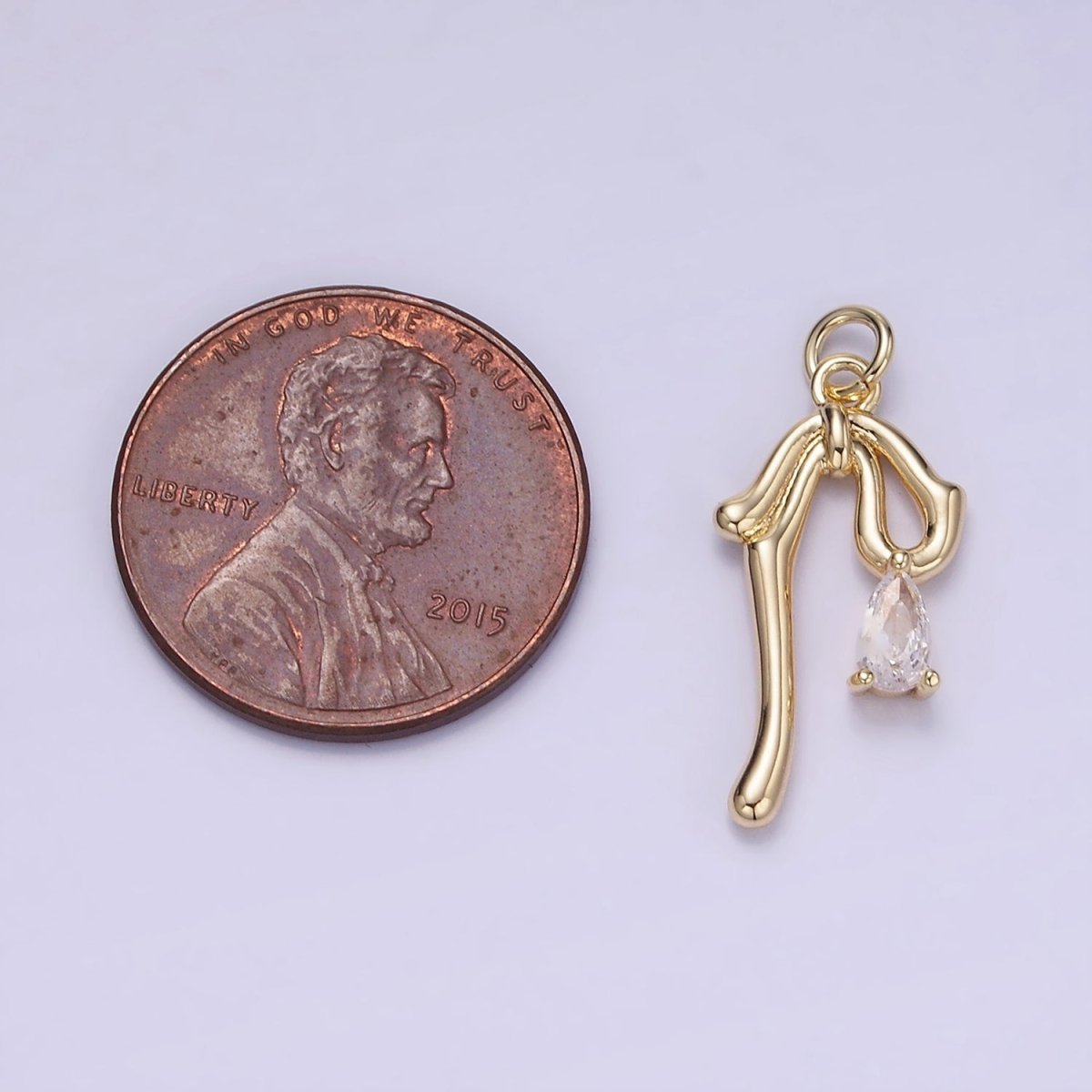 14K Gold Filled CZ Teardrop Molten Drop Ribbon Bow Charm in Gold & Silver | W544