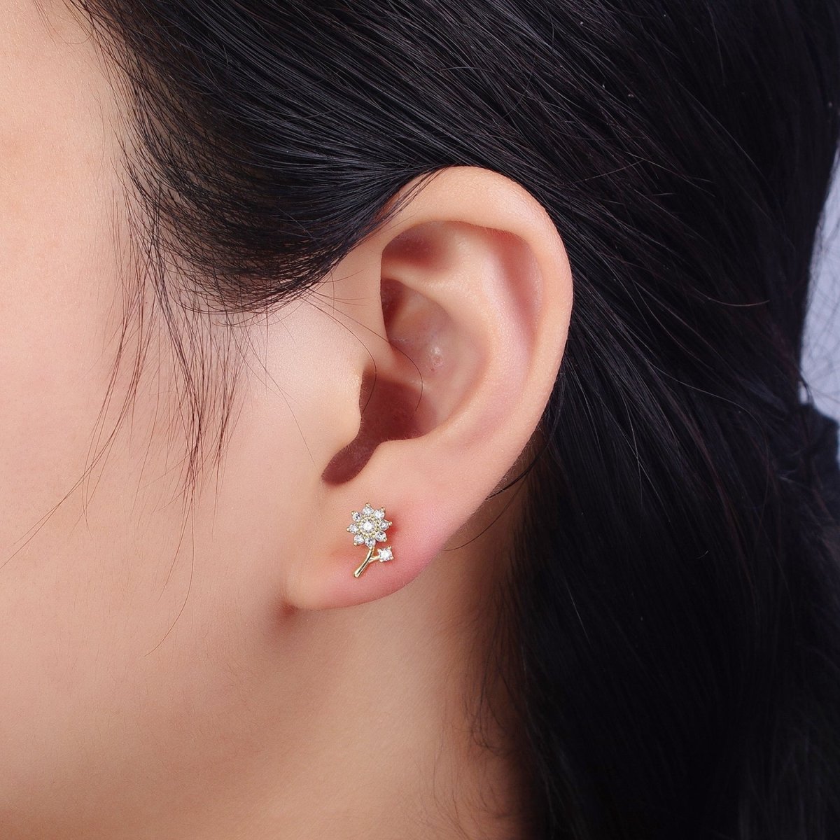 14K Gold Filled Dainty Forget-Me-Not Flower Clear CZ Stud Earring | AB131
