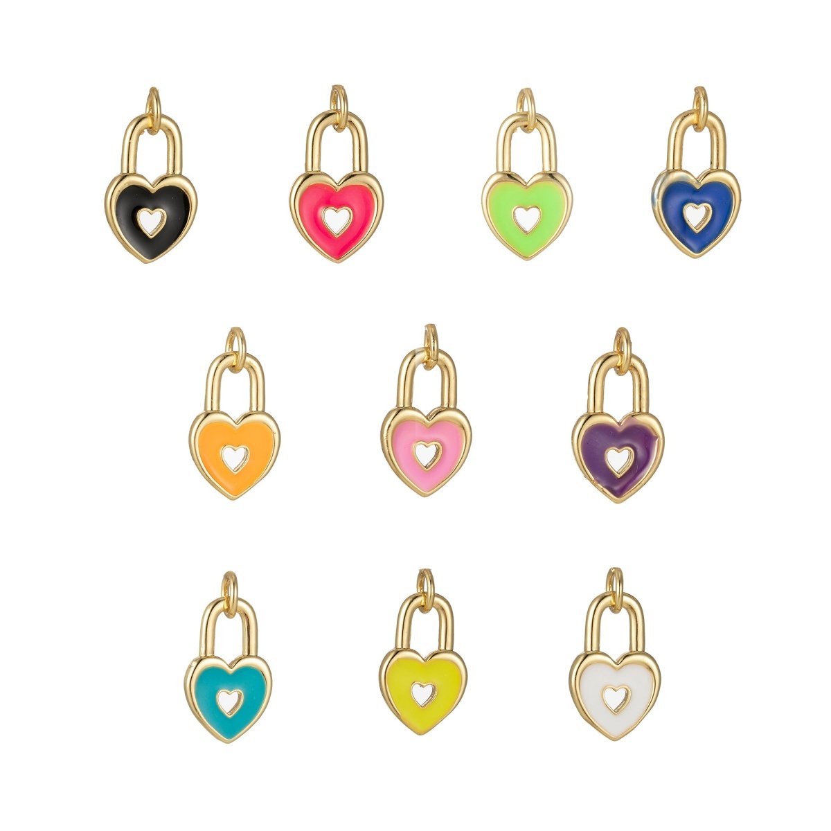 14k Gold Filled Dainty Heart Padlock Charm Colorful Enamel Lock Charm for Necklace Bracelet Jewelry Making Black Blue Pink Green Orange Purple E-794-E-803