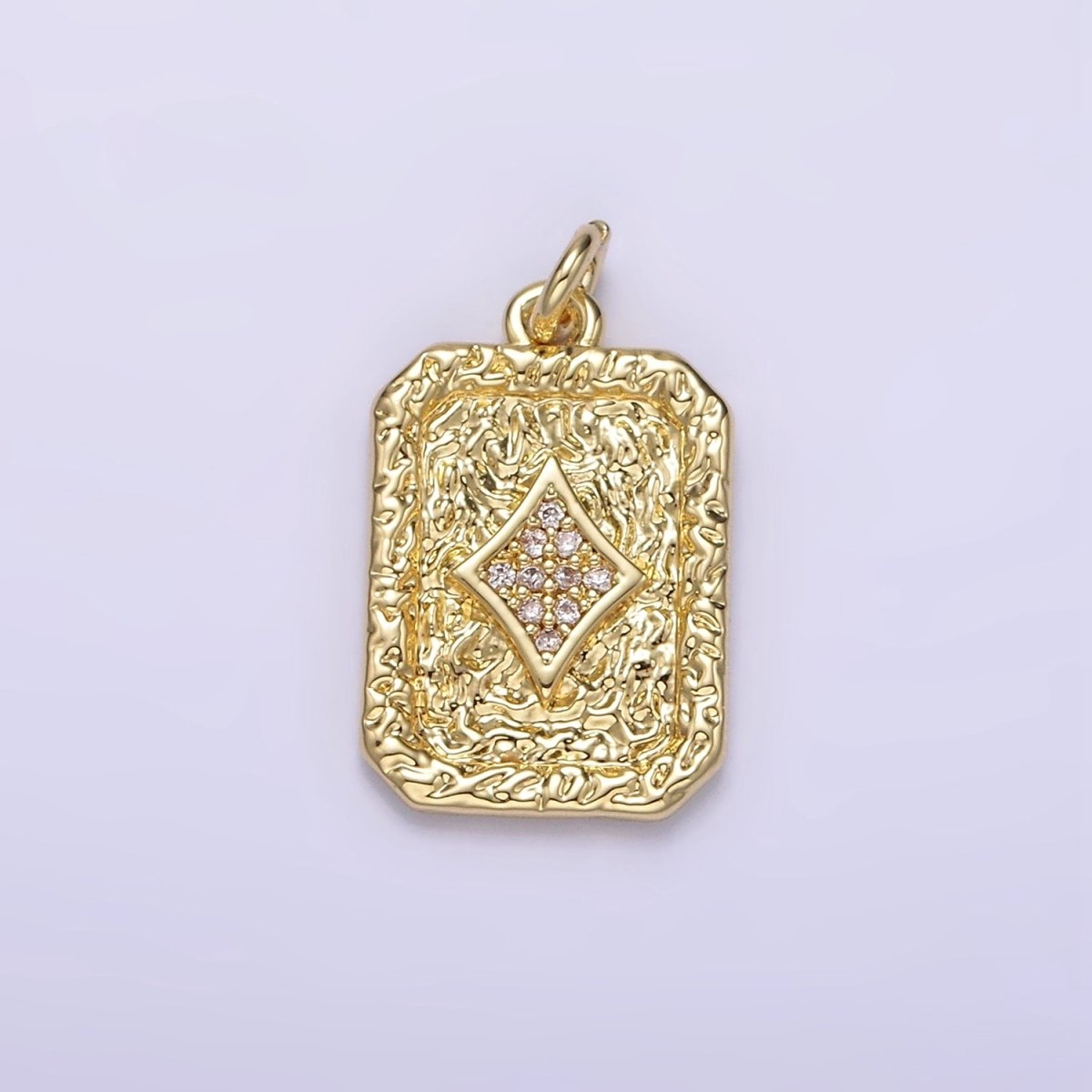 14K Gold Filled Diamonds Card Micro Paved CZ Hammered Rectangular Tag Charm | AG304