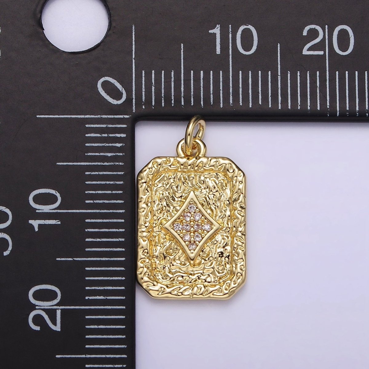 14K Gold Filled Diamonds Card Micro Paved CZ Hammered Rectangular Tag Charm | AG304