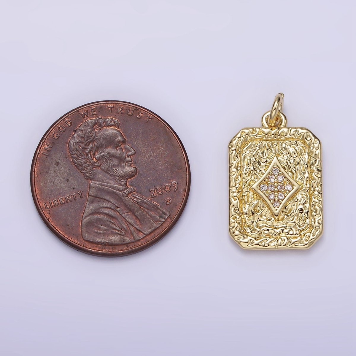 14K Gold Filled Diamonds Card Micro Paved CZ Hammered Rectangular Tag Charm | AG304