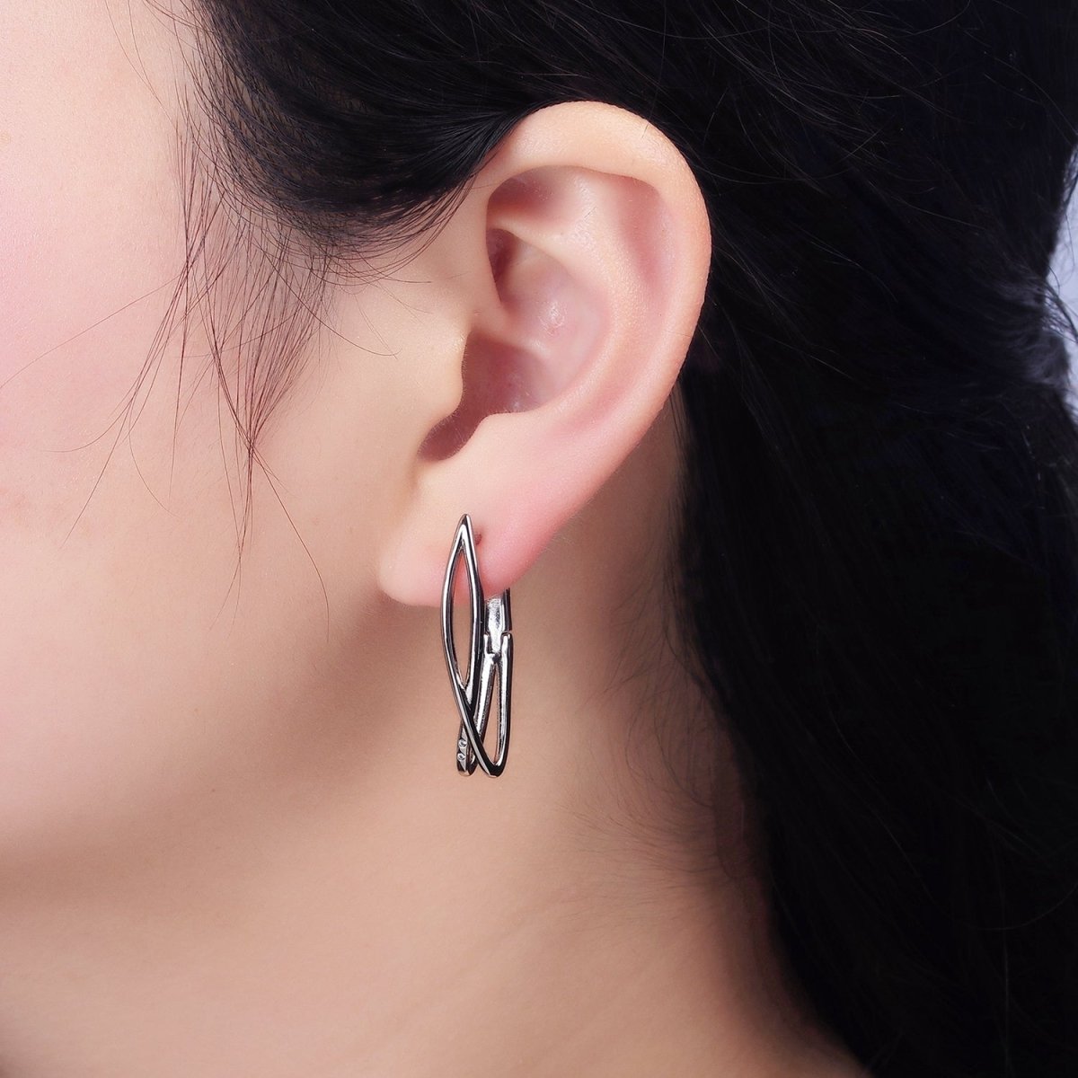 14K Gold Filled Double Band X Geometric Oblong English Lock Earrings in Gold & Silver | AD-432 AD-433