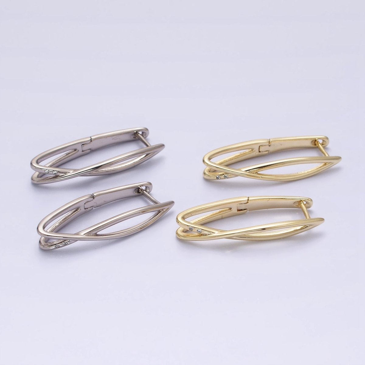 14K Gold Filled Double Band X Geometric Oblong English Lock Earrings in Gold & Silver | AD-432 AD-433