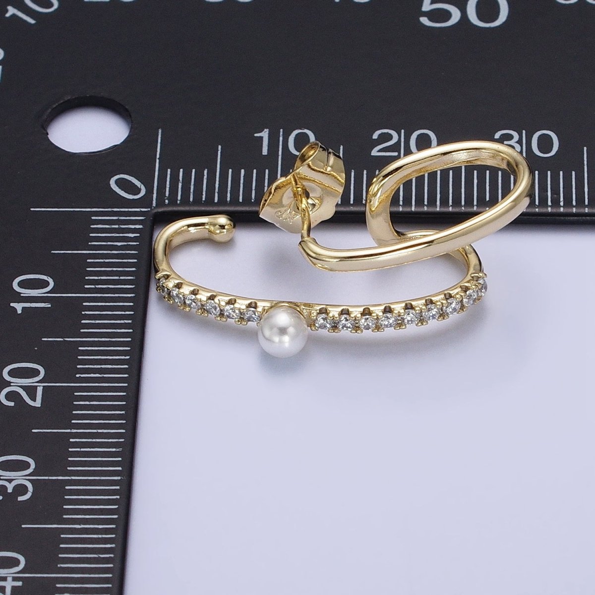 14K Gold Filled Double Claw Bar Micro Paved CZ Pearl Stud Earrings Set | AD1470