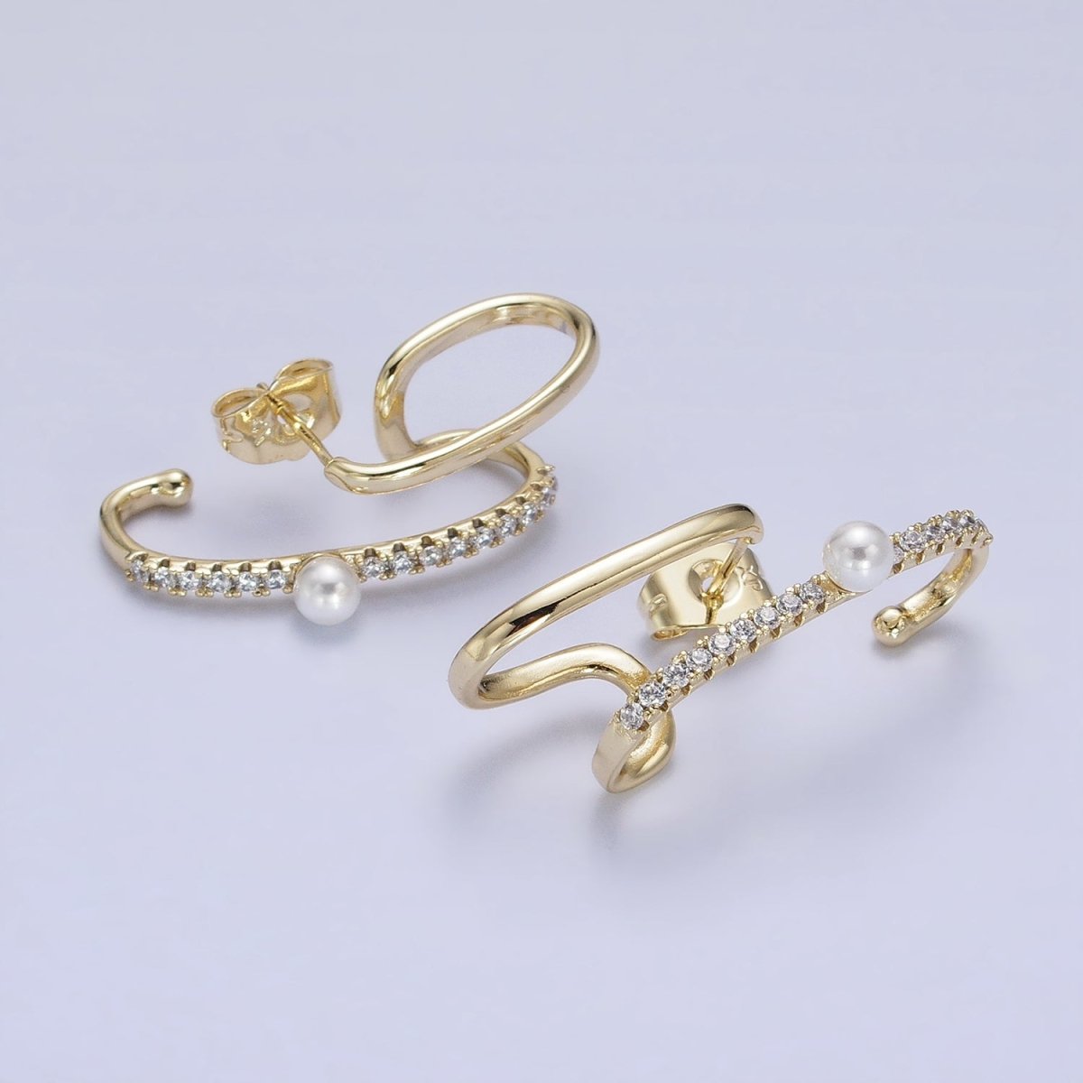 14K Gold Filled Double Claw Bar Micro Paved CZ Pearl Stud Earrings Set | AD1470
