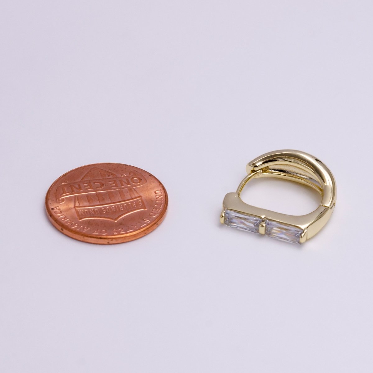 14K Gold Filled Double Clear Baguette Lined 16mm Huggie Earrings | AD1057
