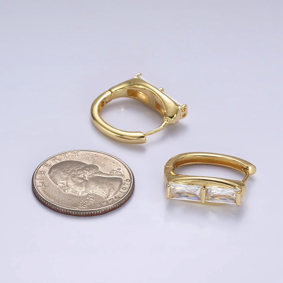 14K Gold Filled Double Clear Baguette Lined 20mm Huggie Earrings | AE917